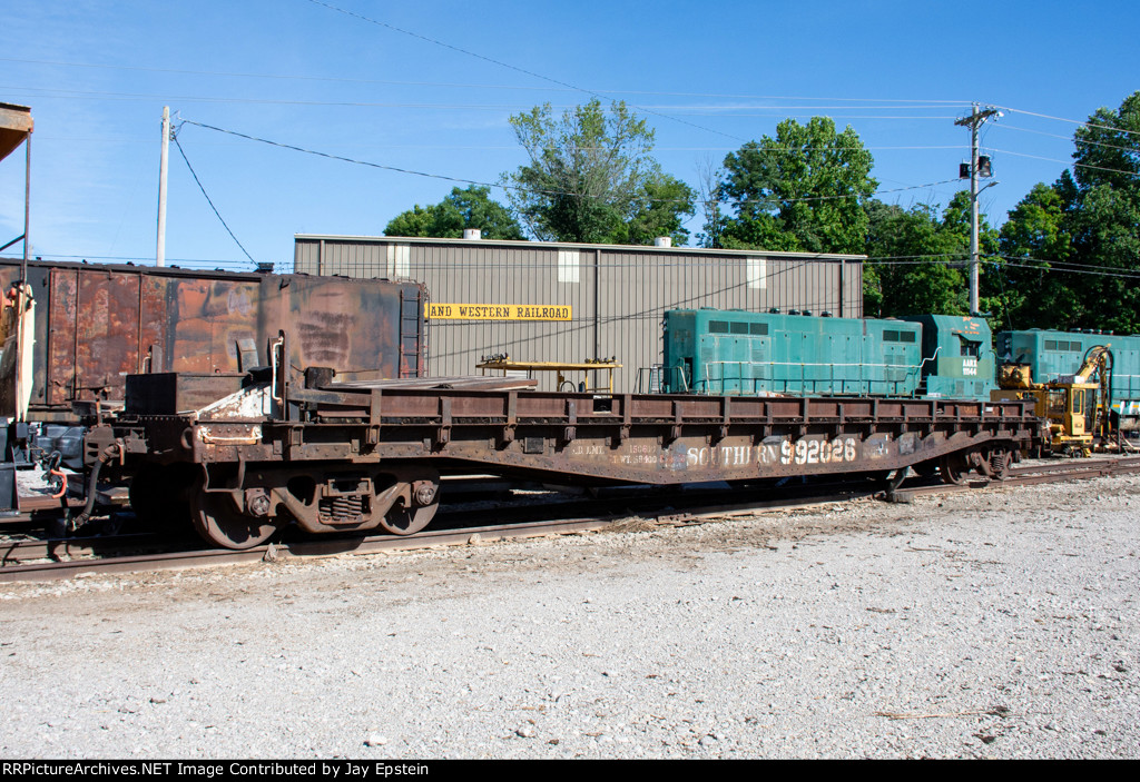 A former Southern flatcar sits in the Caney Fork & Western Yard 